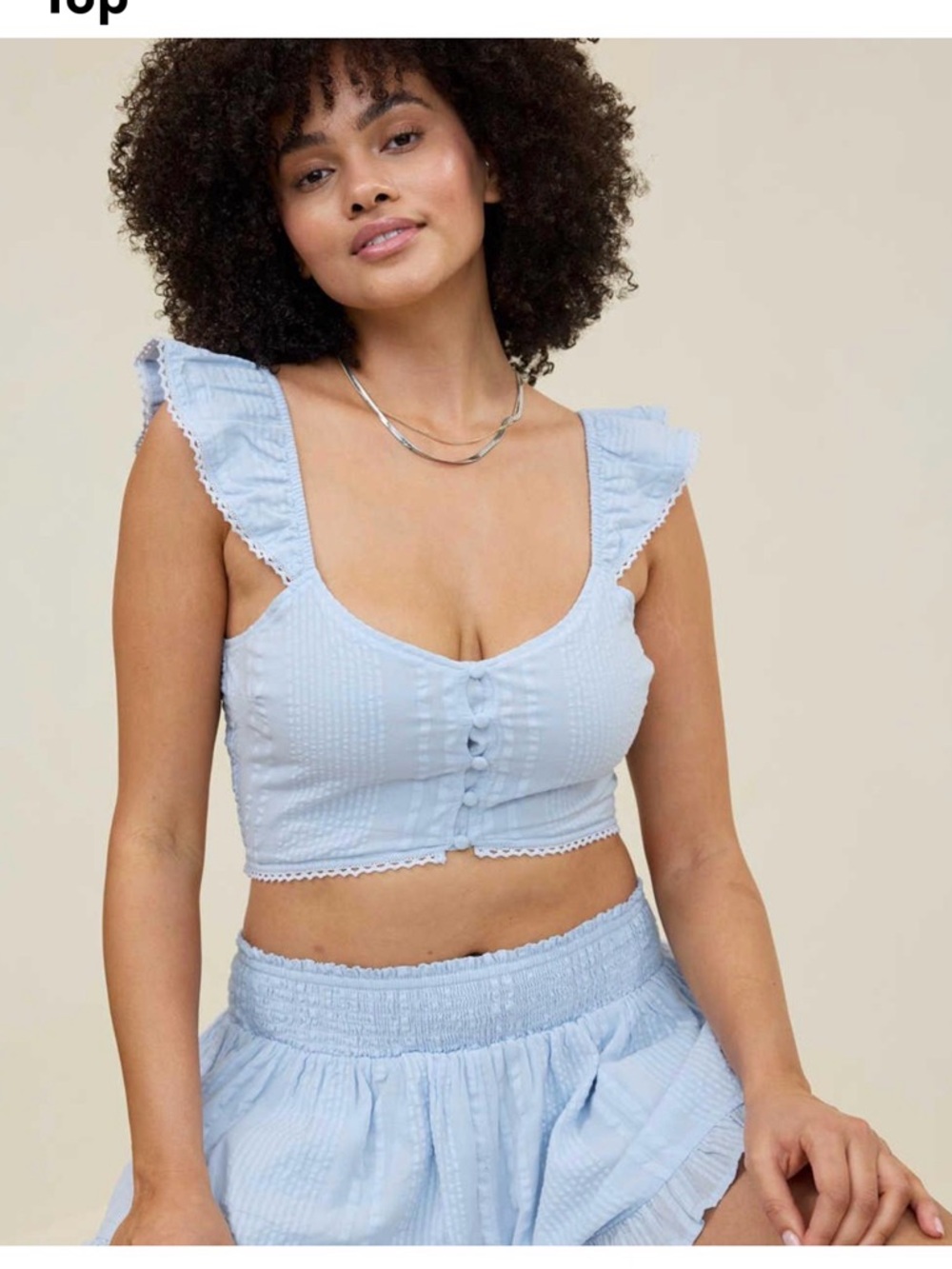 Aerie Crop Top Powder Blue Ruffle Button-Front